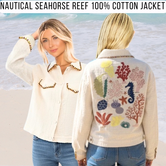 Jackets & Blazers - Nautical Seahorse Coastal Reef Natural Cotton Jacket Small Medium